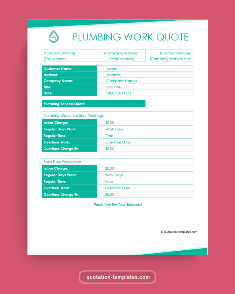 Plumbing Work Quote Template BLU Quote Templates Free Quotation
